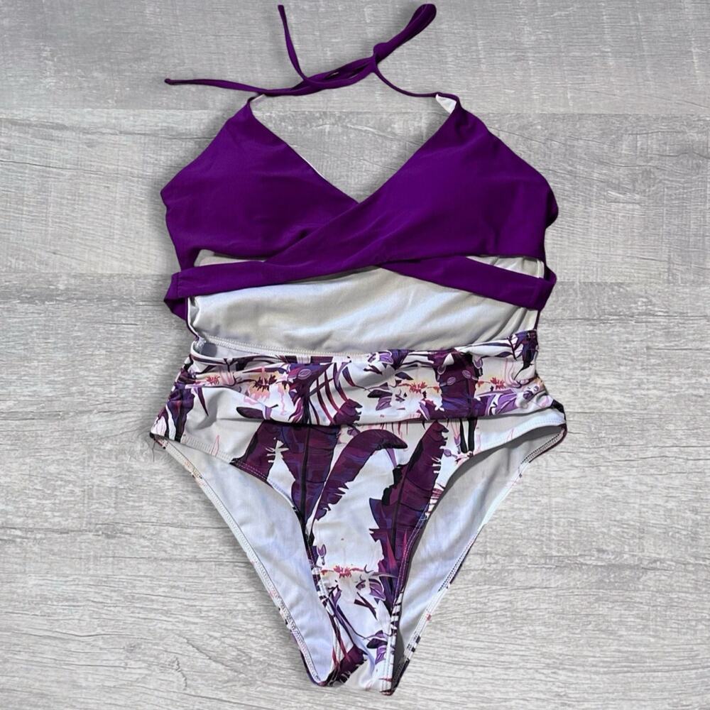 Tropical Print Halter One Piece Monokini Swimsuit L Wrap Cutout Purple Floral